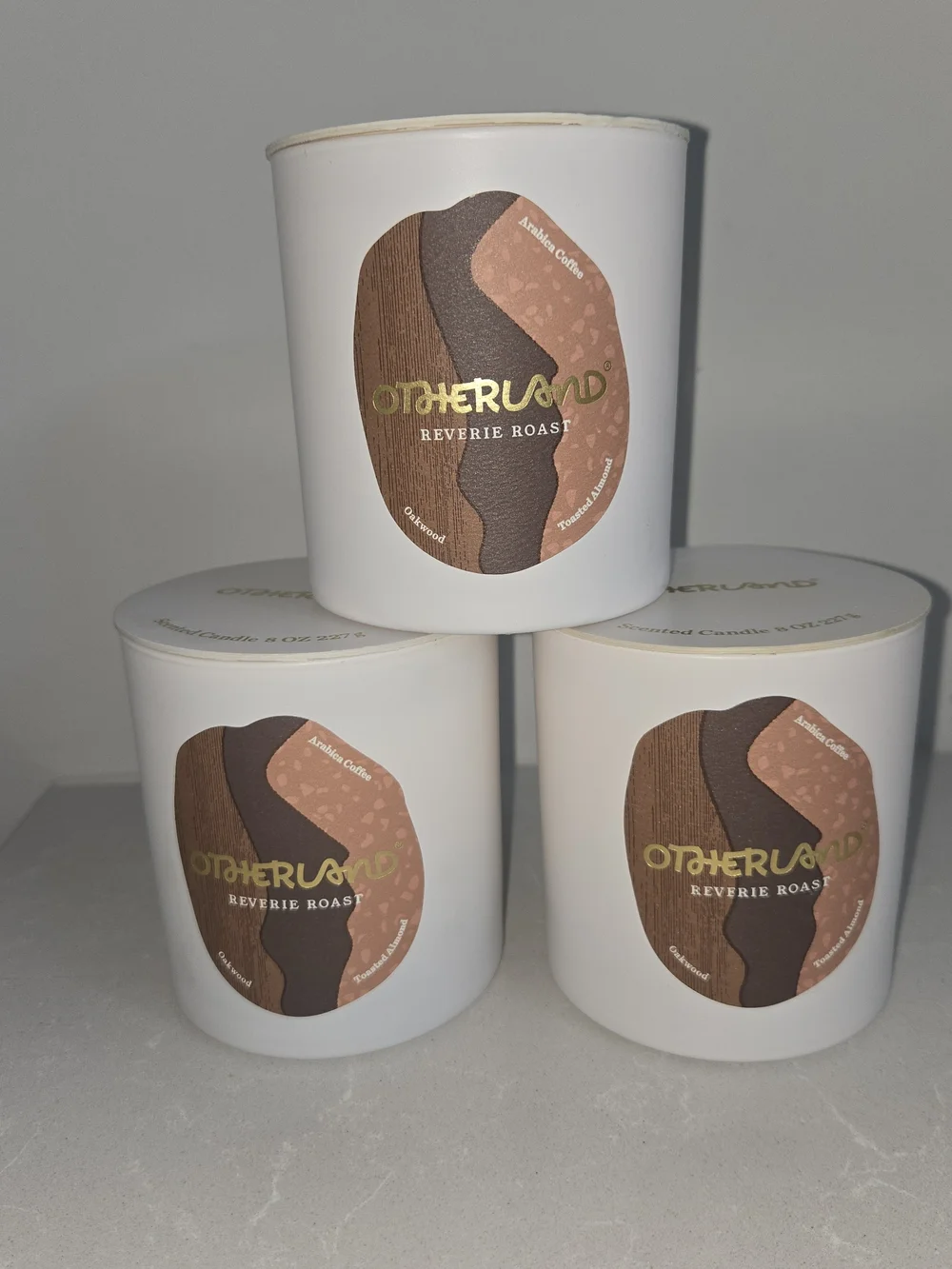 Three (3) Otherland 8 oz Scented Candles Reverie Roast Coffee Oak Toasted Almond